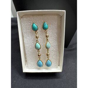 Turquoise & Gold Tone Drop Earrings With Box